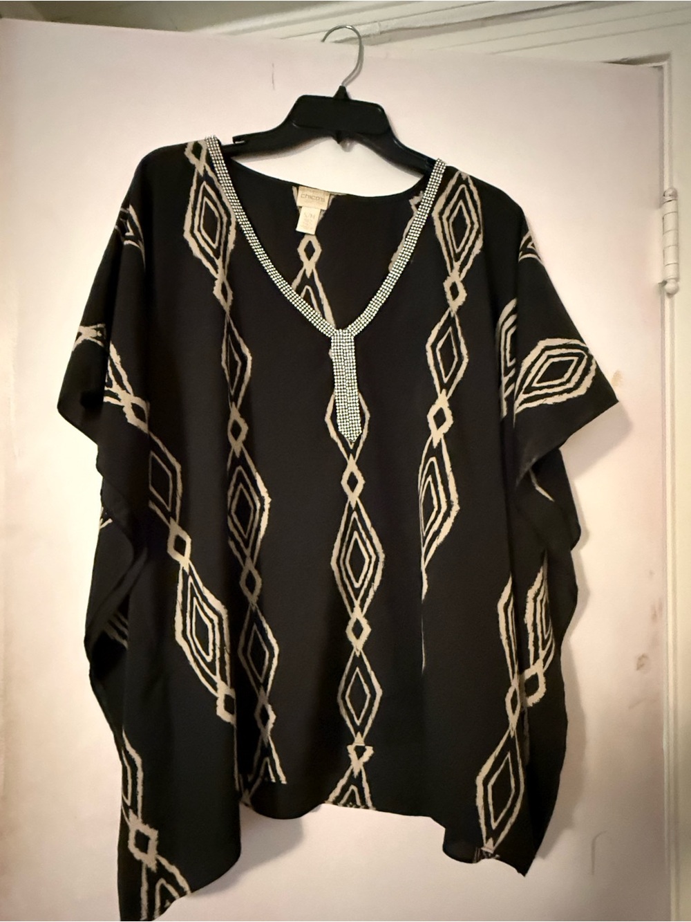 Chico's Black Tunic with Cream Geometric Embroidery and Beaded V-Neck